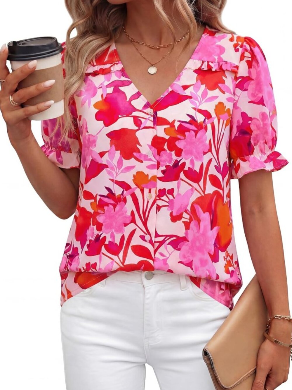 Boho Summer V-Neck Puff Sleeve Floral Blouse for Women - Trendy Casual Top